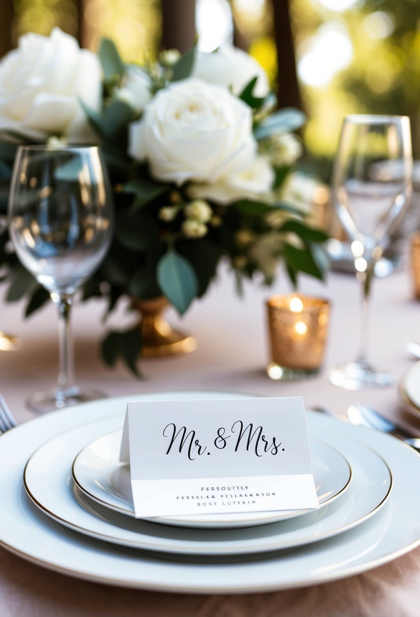 A beautifully set wedding table with custom name cards for Mr. and Mrs. personalization