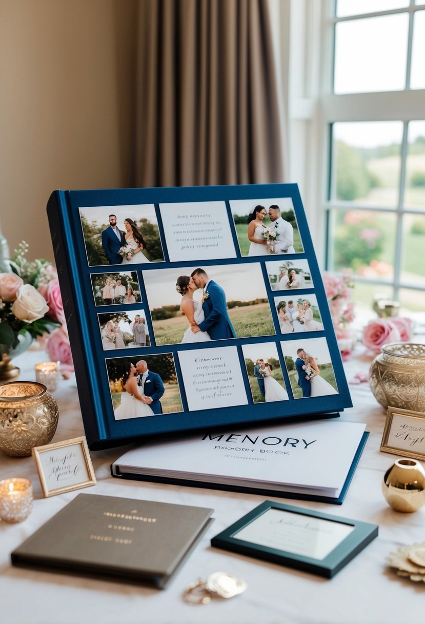 A custom memory book with wedding photos and mementos displayed on a table, surrounded by romantic decorations and sentimental keepsakes