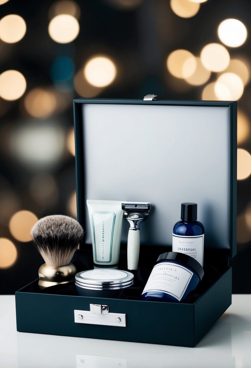 A sleek gift box opens to reveal a luxury grooming set, complete with a razor, shaving cream, aftershave, and a stylish brush and comb