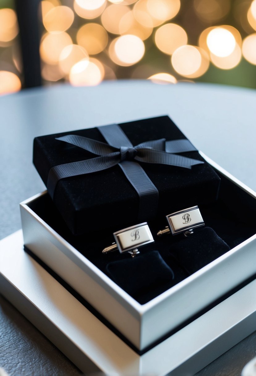 A sleek black velvet box containing monogrammed cufflinks, nestled in satin lining, with a ribbon tied in a bow