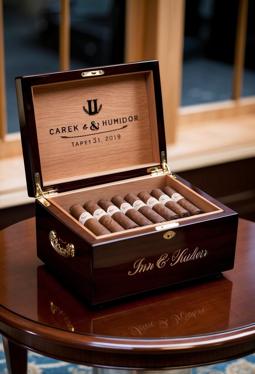 A sleek wooden humidor sits on a polished mahogany table, engraved with the couple's initials and wedding date. Cigars rest inside, waiting to be enjoyed