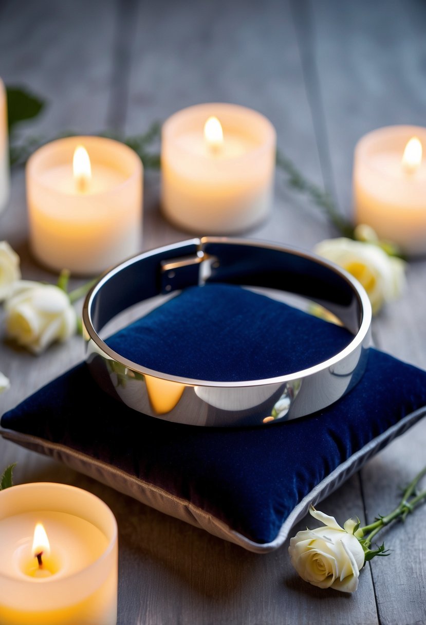 A silver steel bracelet sits on a velvet cushion, surrounded by soft candlelight and delicate white roses