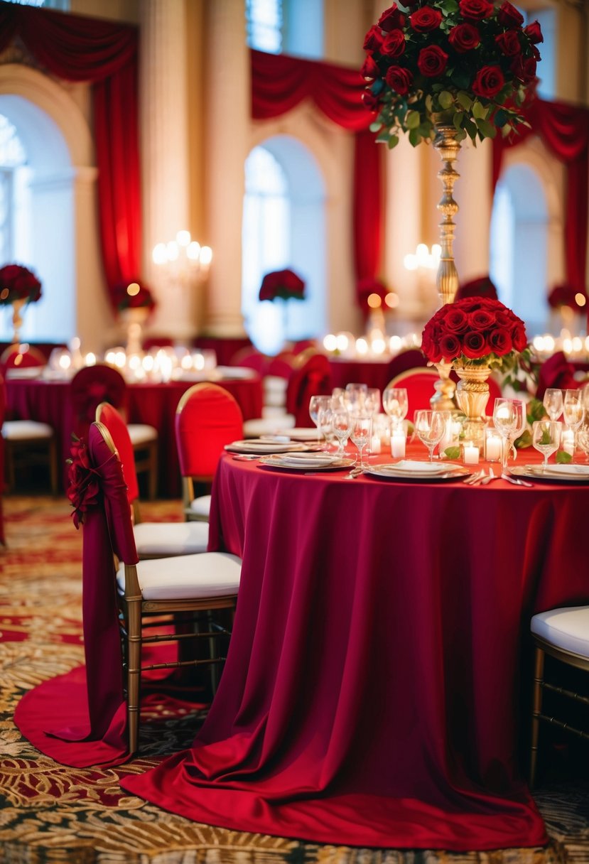 A grand banquet hall adorned with crimson roses, draped in rich red fabrics, and lit by flickering candles