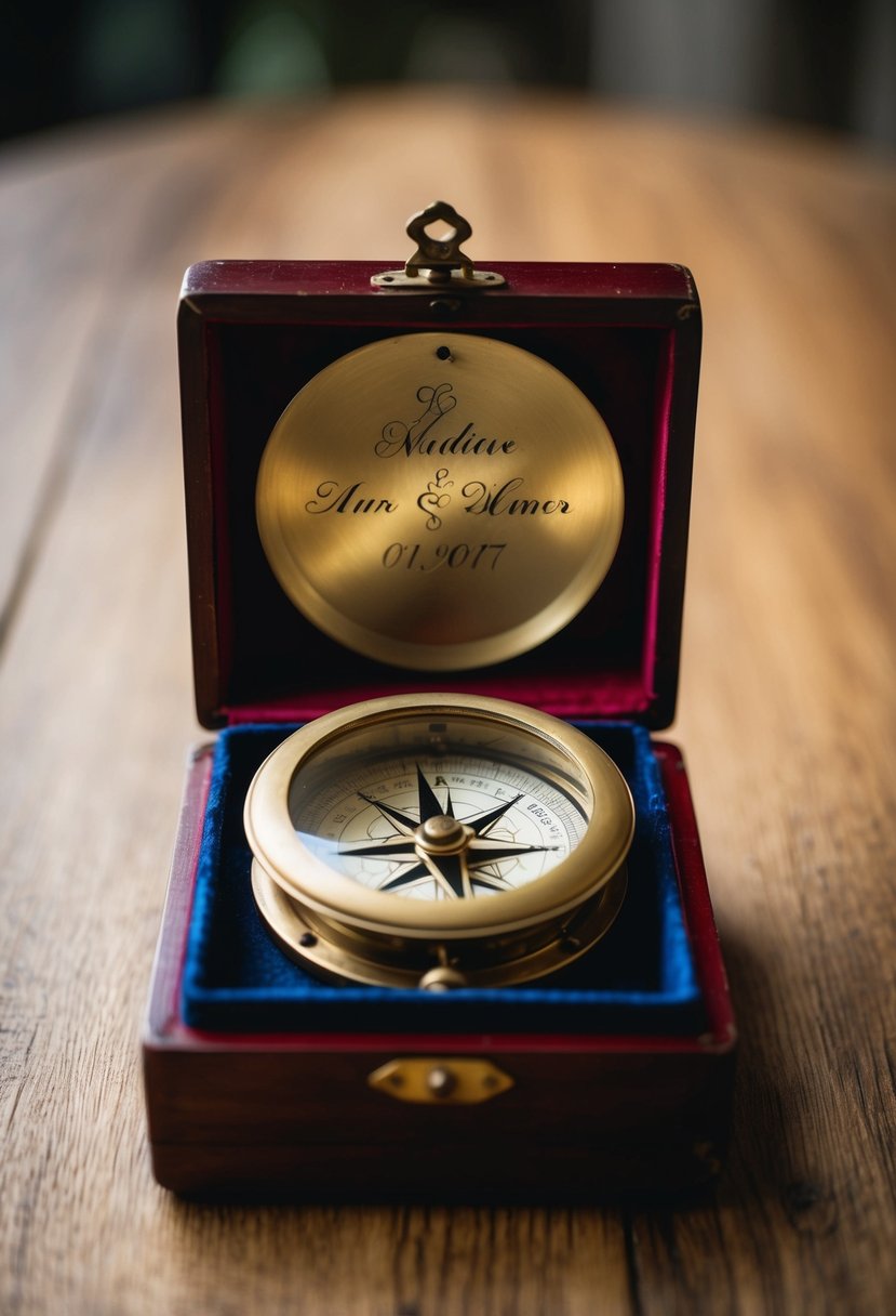 An antique compass nestled in a velvet-lined wooden box, adorned with intricate engravings of the couple's initials and wedding date