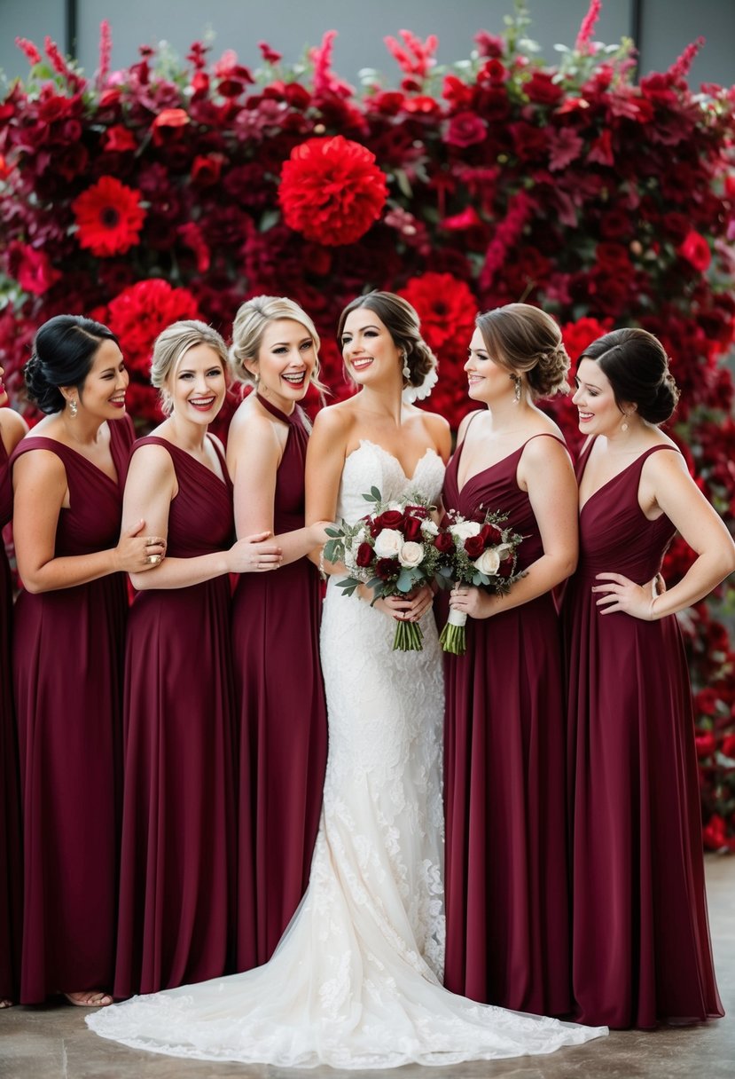 A group of bridesmaid dresses in rich burgundy hues, set against a backdrop of red wedding decor and flowers