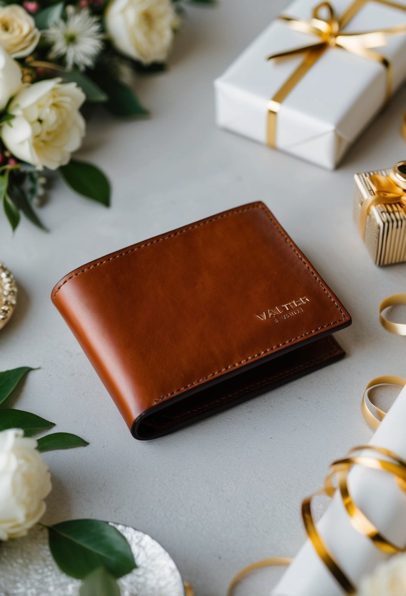 A sleek leather wallet surrounded by elegant wedding decor and gift wrapping