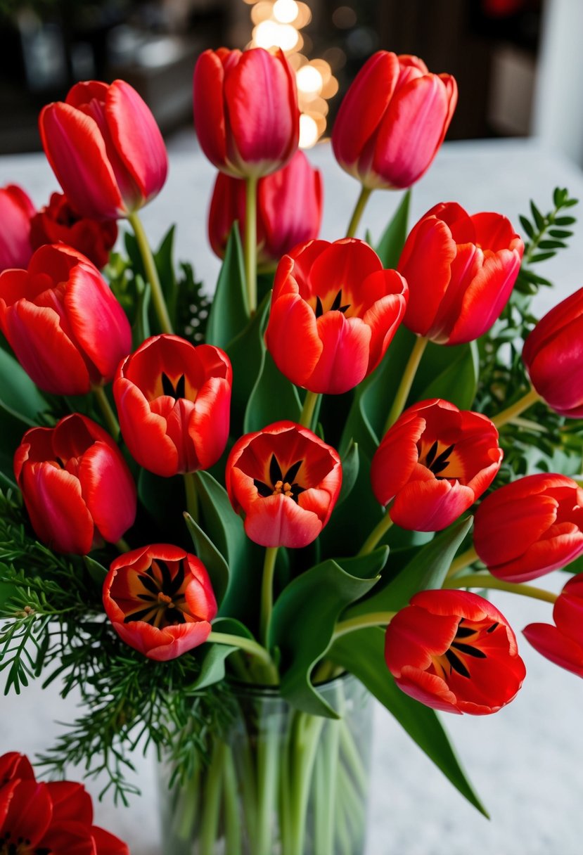 A bouquet of vibrant red tulips arranged with greenery and other red flowers