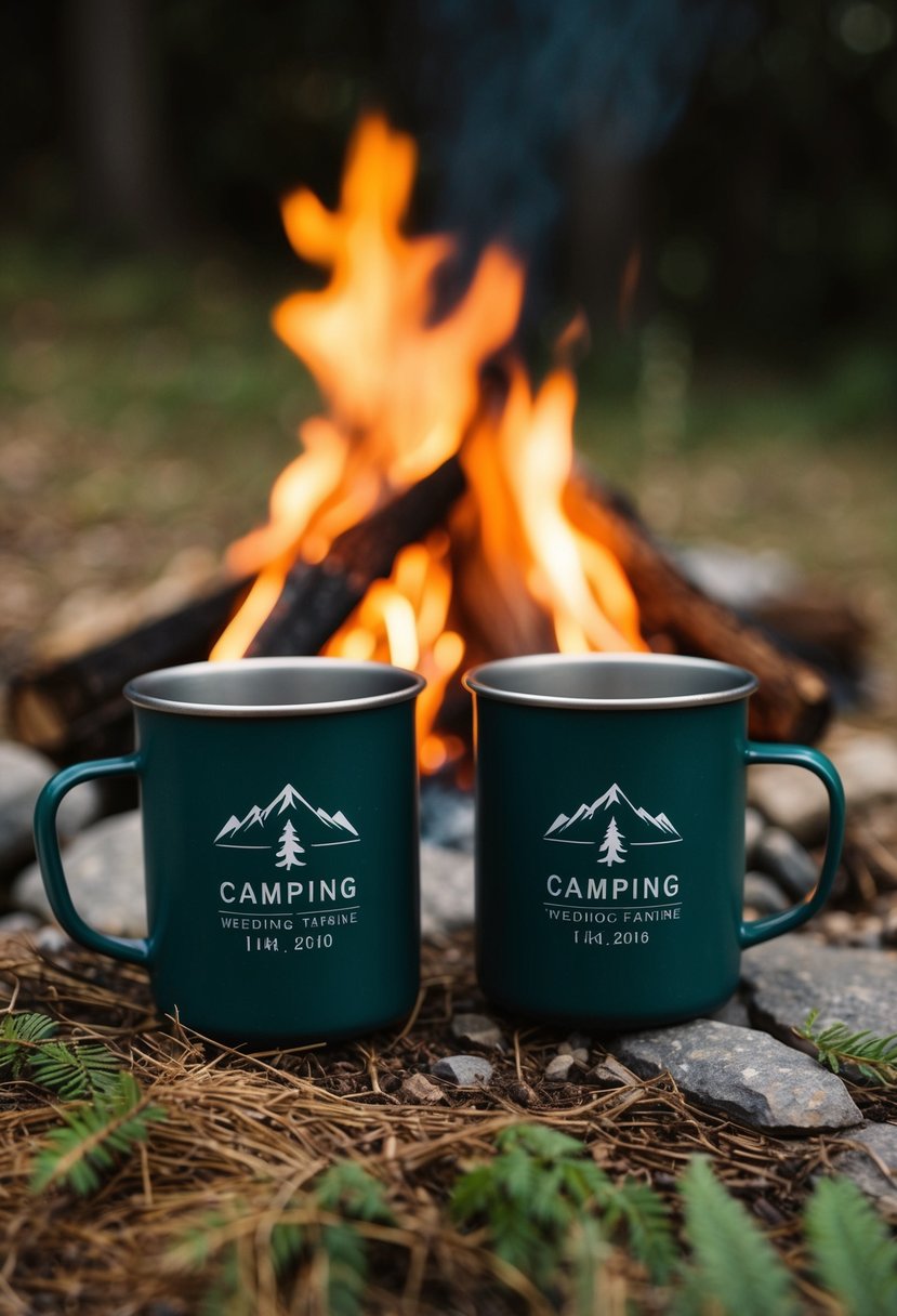 Two camping mugs with a wedding theme, surrounded by nature and a cozy campfire