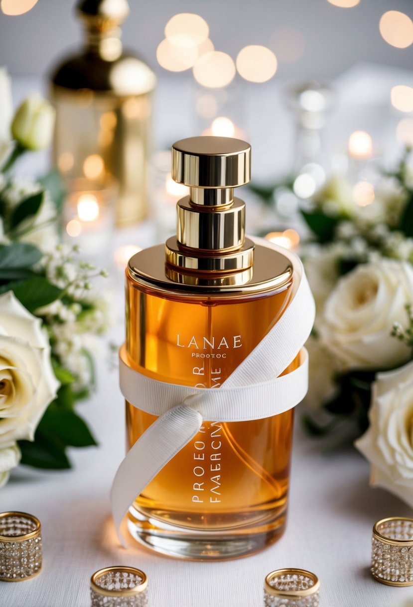 A luxurious fragrance bottle surrounded by elegant wedding decor and wrapped in a ribbon