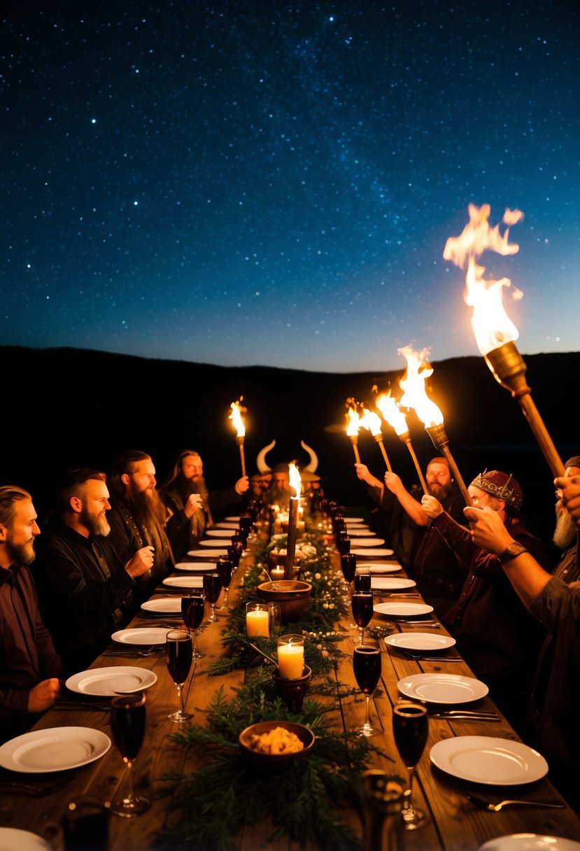 A viking wedding feast with long wooden tables, mead, and torches illuminating the celebration under a starry night sky