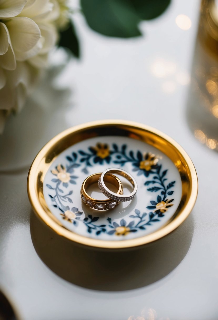 A small ceramic dish with a gold rim and intricate floral design, holding two wedding rings