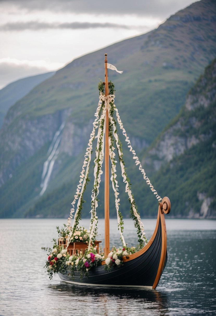 A Viking ship adorned with flowers and ribbons, anchored in a serene fjord, as the couple exchanges vows in a handfasting ceremony