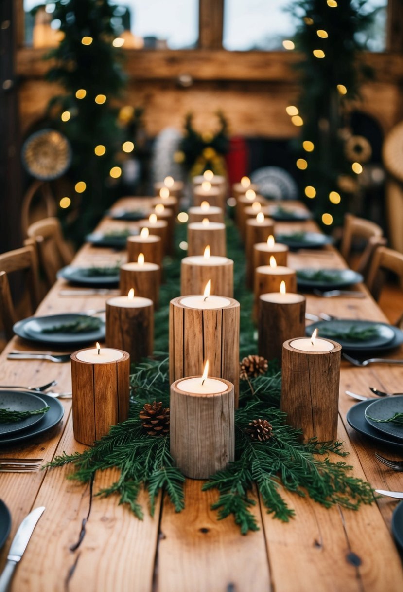 Rustic wooden candle holders arranged on a long wooden table, surrounded by viking-inspired decor and greenery