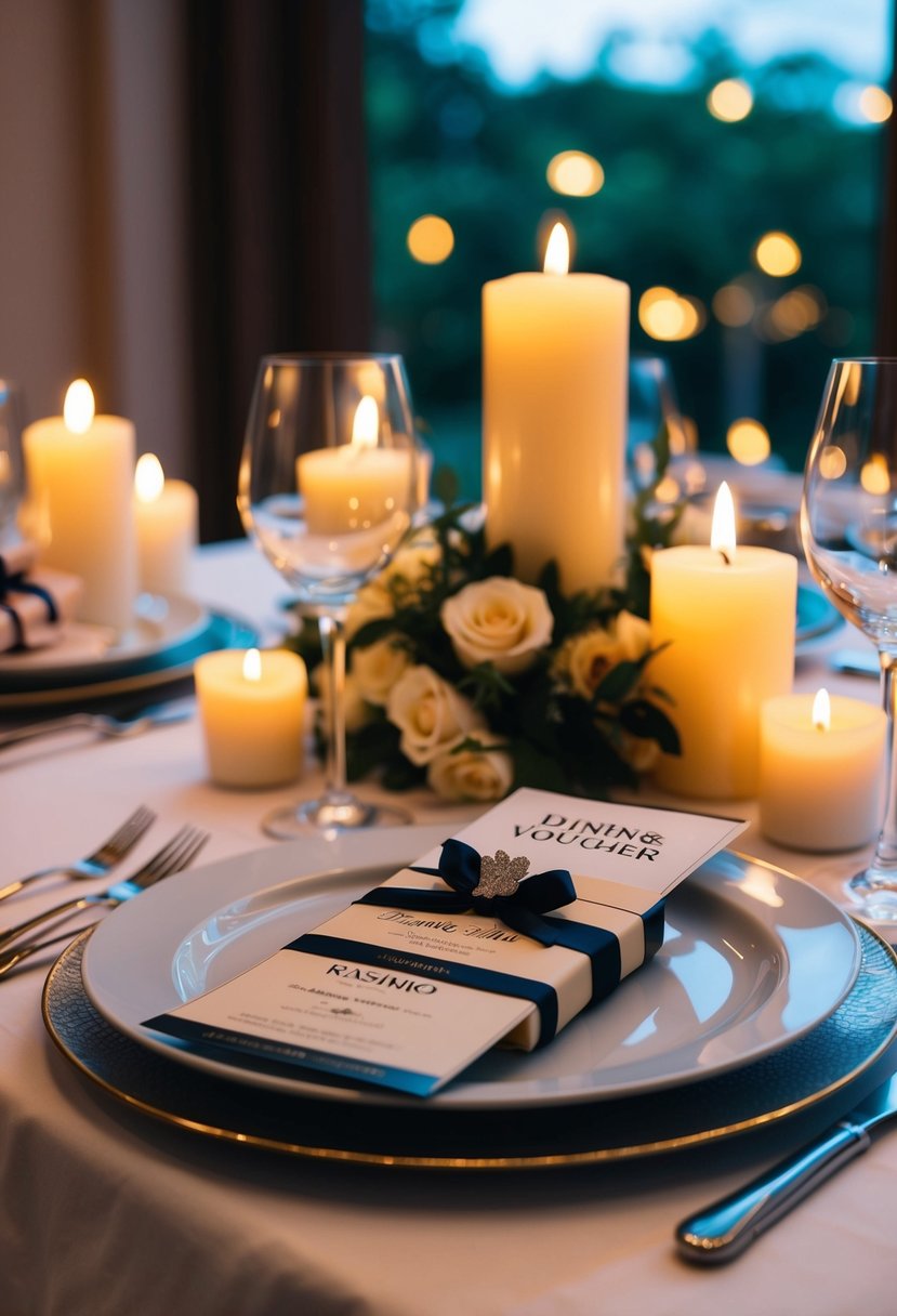 A romantic table setting with a candlelit dinner and a beautifully wrapped dining voucher as a wedding gift for a husband