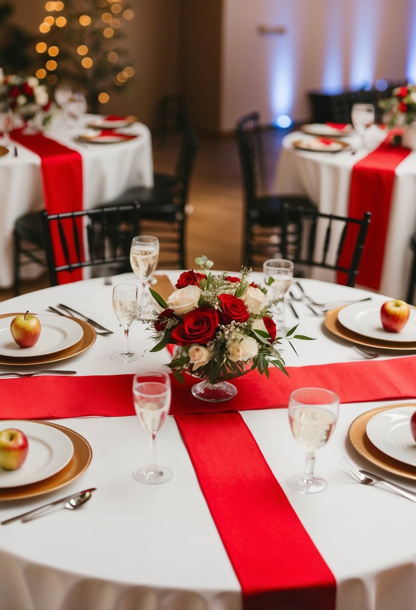 A table set with apple red table runners for a wedding reception