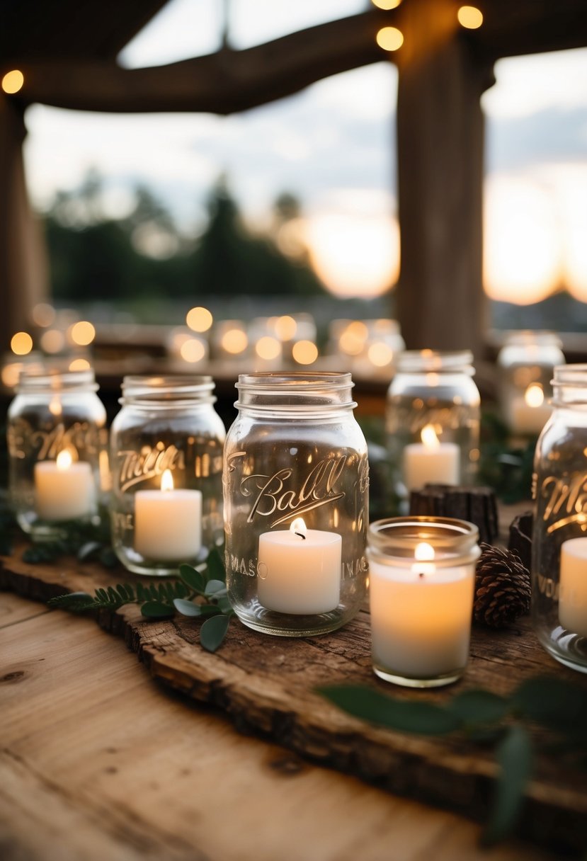 Mason jars with tea lights arranged in a rustic setting for a Viking wedding