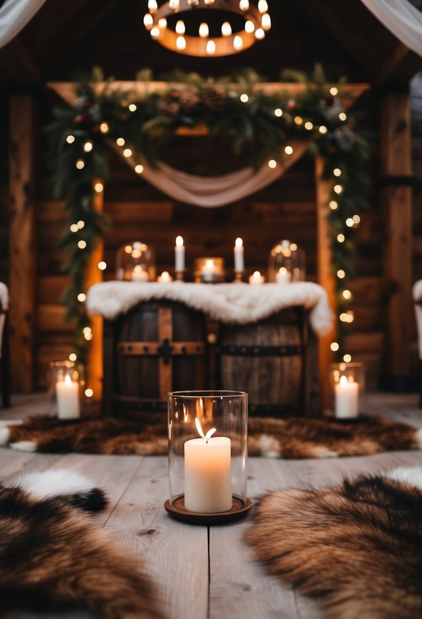 A cozy viking wedding scene with faux fur rugs, a rustic altar, and flickering candlelight