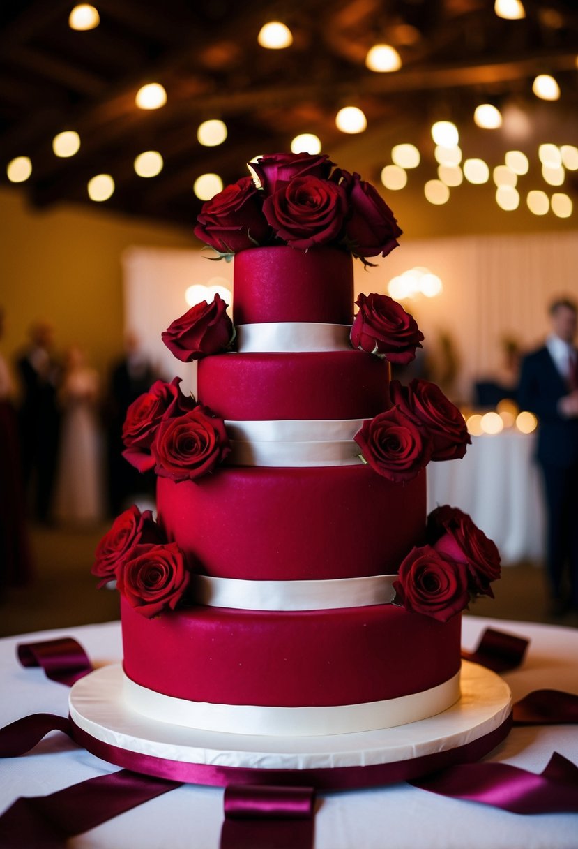 A three-tiered red velvet wedding cake surrounded by crimson roses and draped with burgundy ribbons