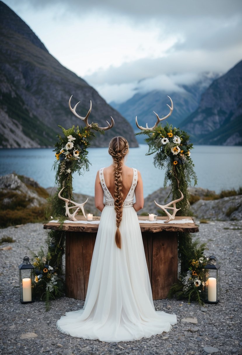 A Viking bride with braided hair stands before a rustic altar adorned with wildflowers and antlers, surrounded by rugged mountains and a misty fjord