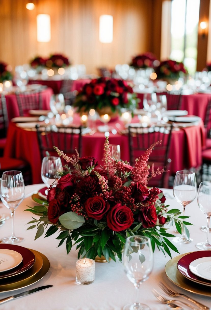 Tables adorned with rich marsala floral centerpieces, exuding elegance and romance in a red-themed wedding setting