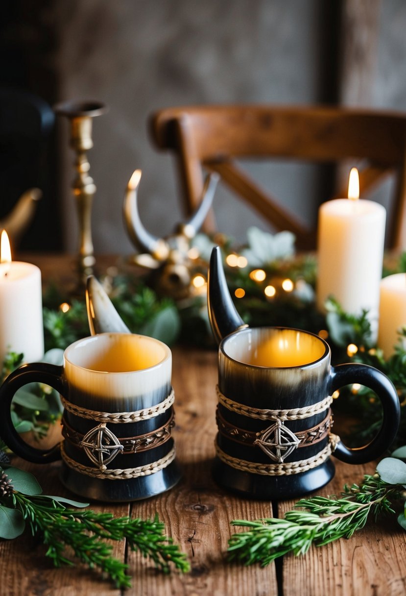 Two antique-style horn mugs sit on a rustic wooden table, adorned with viking wedding decor and surrounded by candles and greenery