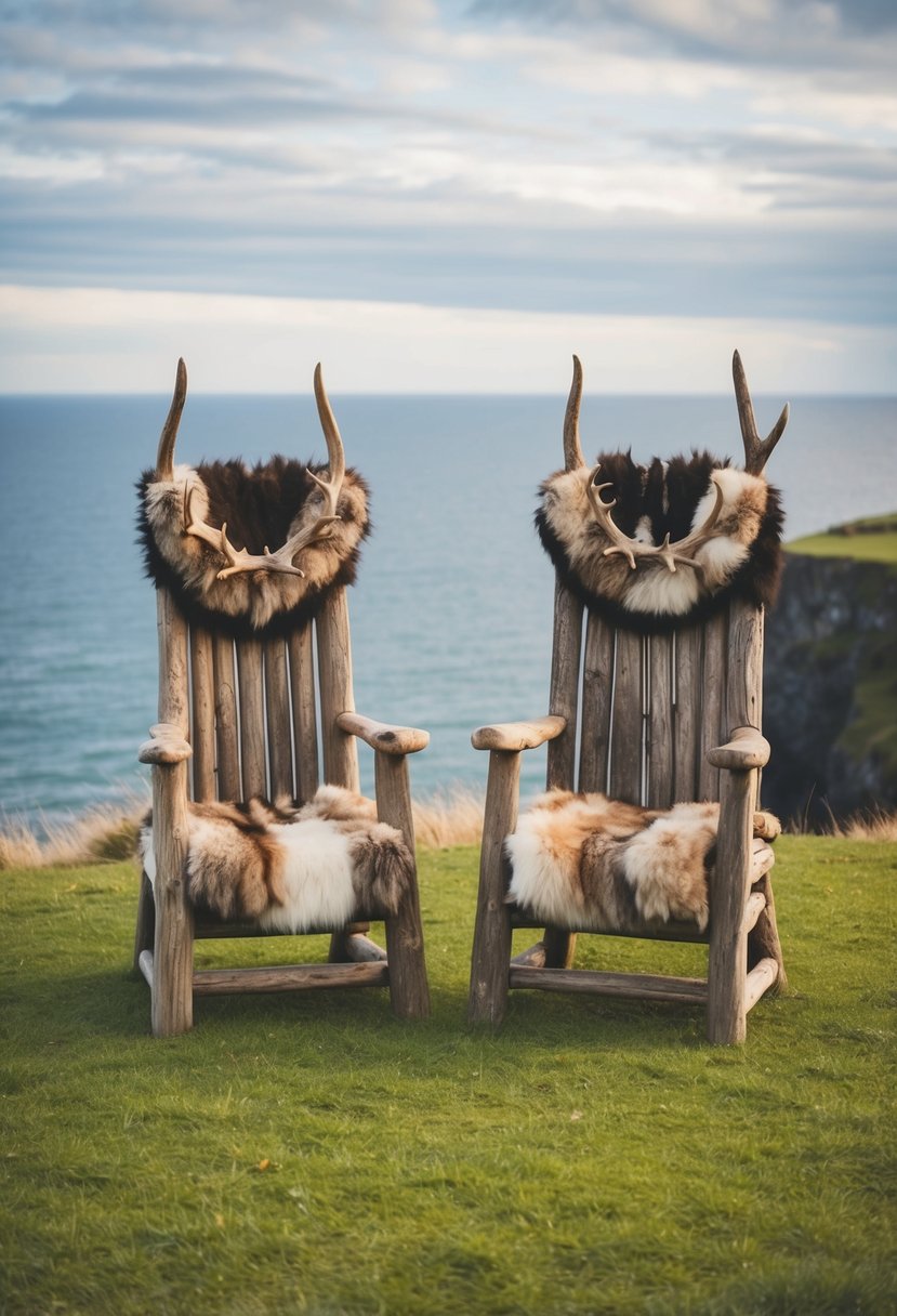 Two driftwood thrones stand atop a grassy cliff overlooking the sea, adorned with fur pelts and antler decorations for a Viking wedding