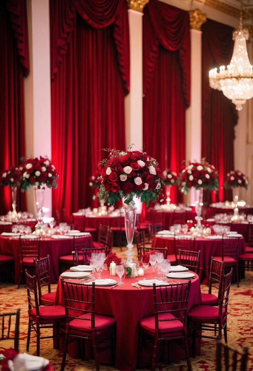 A grand ballroom adorned with crimson flowers and red velvet drapes. Tables set with rich red linens and elegant crimson details