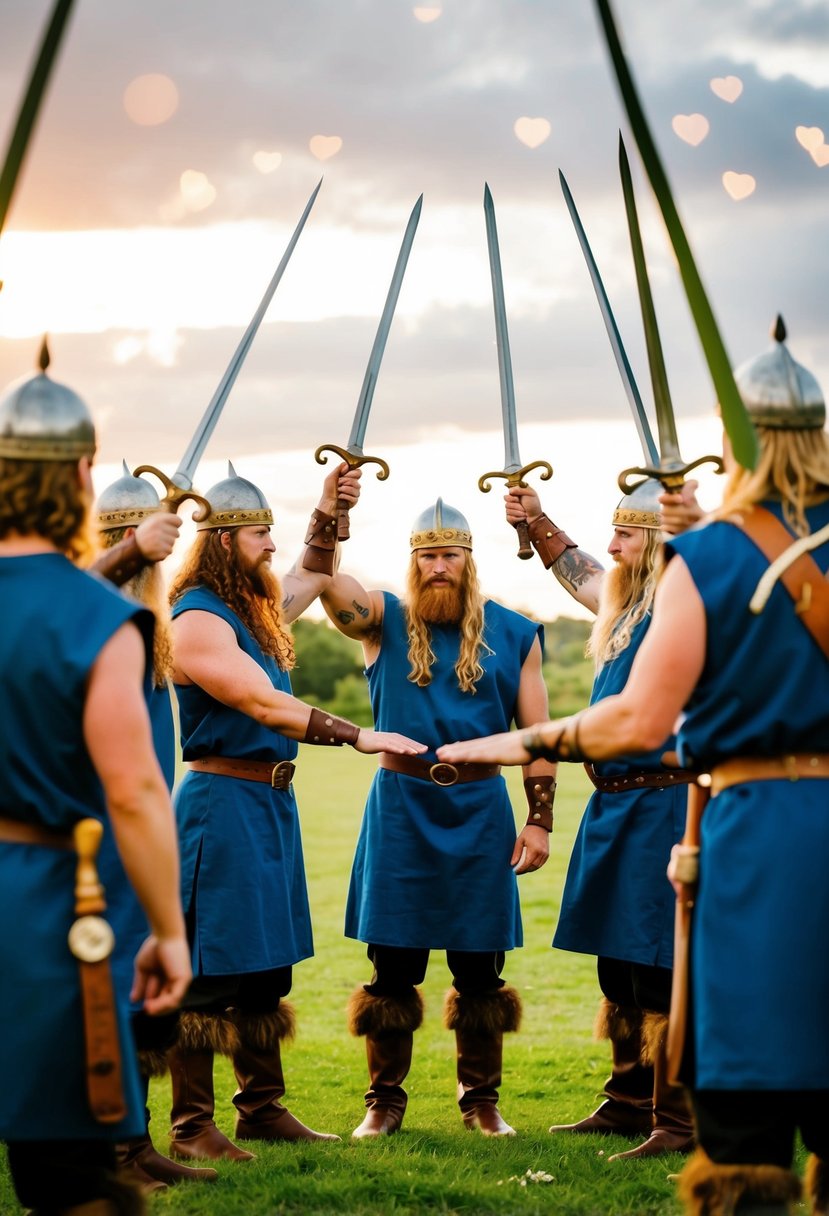 A group of vikings stand in a circle, raising their swords in a ceremonial gesture at a wedding celebration