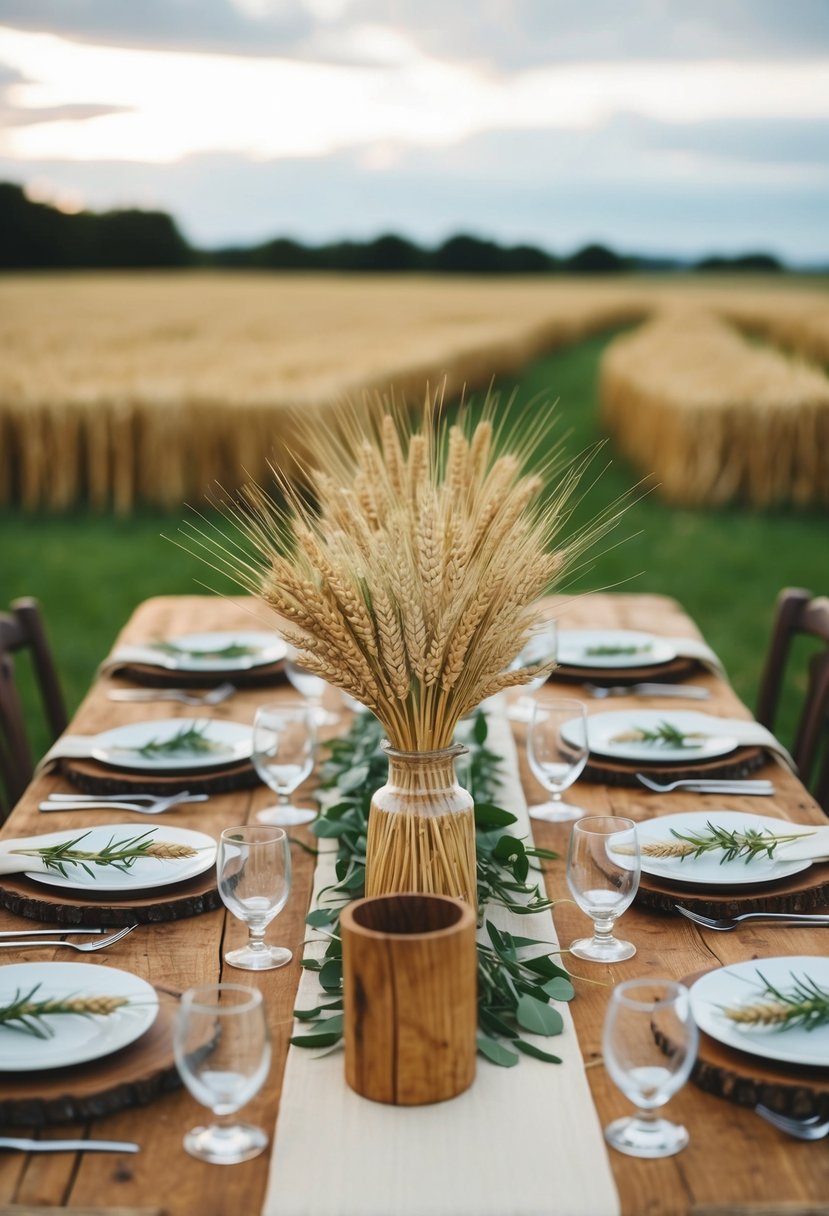 A rustic table set with wheat and oat centerpieces for a Viking wedding feast