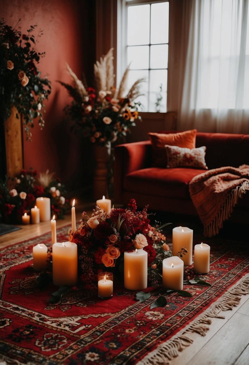 A cozy, bohemian wedding scene with rich red tones, vintage rugs, and an assortment of candles and flowers creating a romantic atmosphere