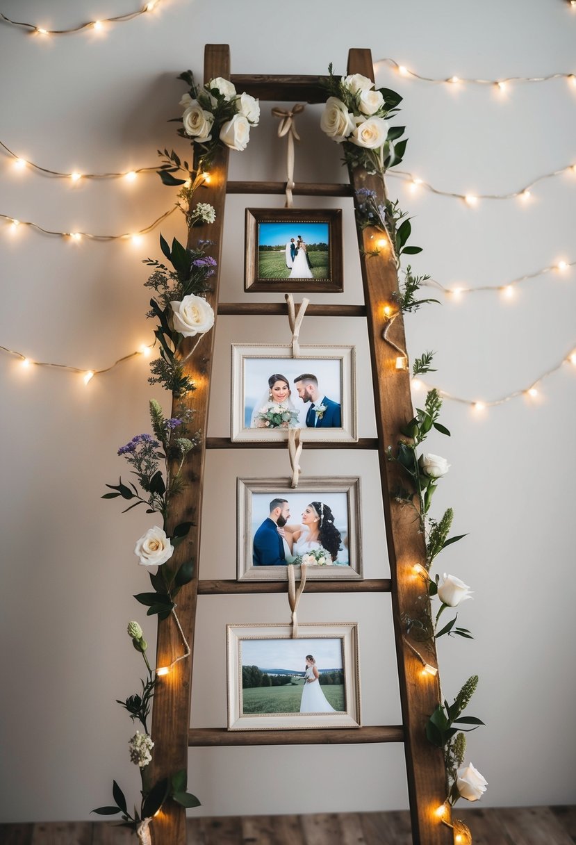 A rustic wooden ladder adorned with fairy lights and flowers, displaying wedding photos in various frames and sizes