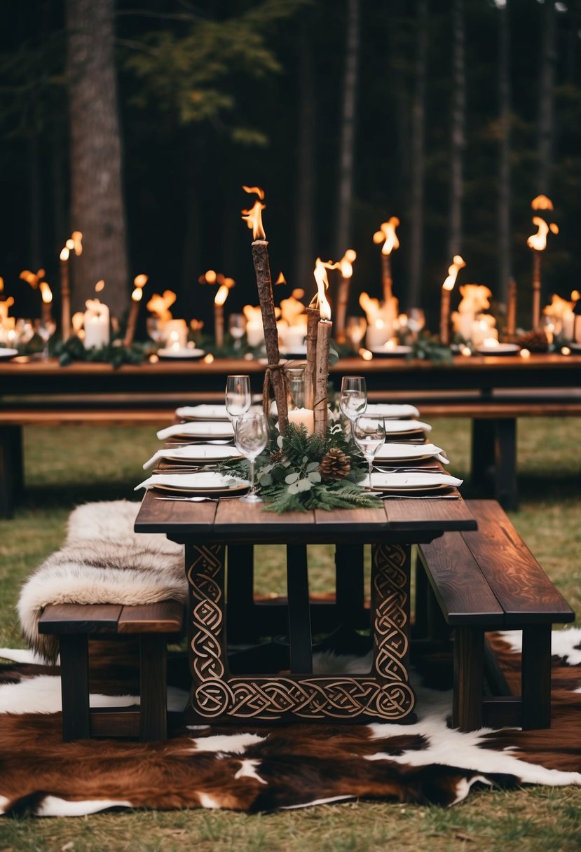 A viking wedding feast with runic decor, featuring ornate wooden tables and benches, animal fur rugs, and flickering torches