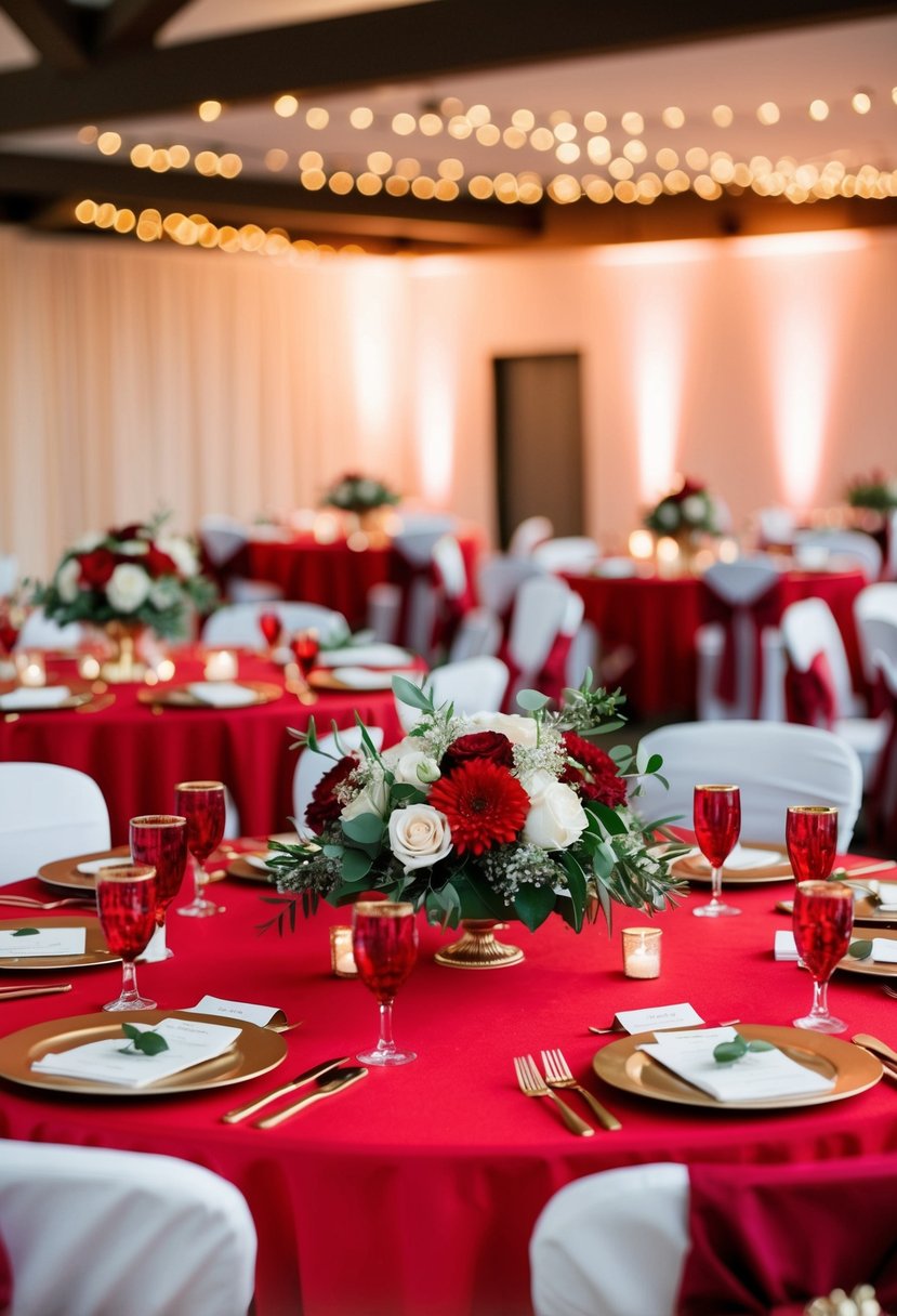 A red wedding table set with gold accents and floral centerpieces