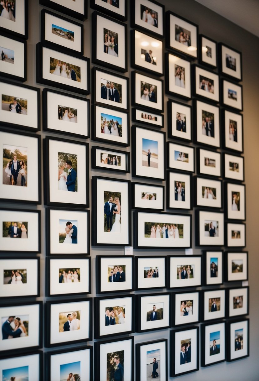 A gallery wall of wedding photos hung in a symmetrical grid pattern with matching frames and varying sizes