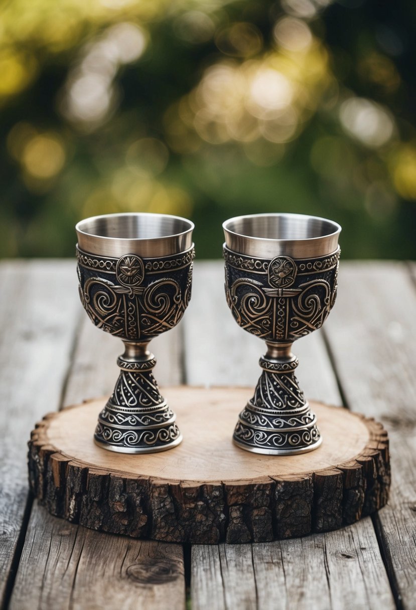 Two ornate viking goblets sit atop a rustic wooden table, adorned with intricate carvings and embellishments fit for a bride and groom