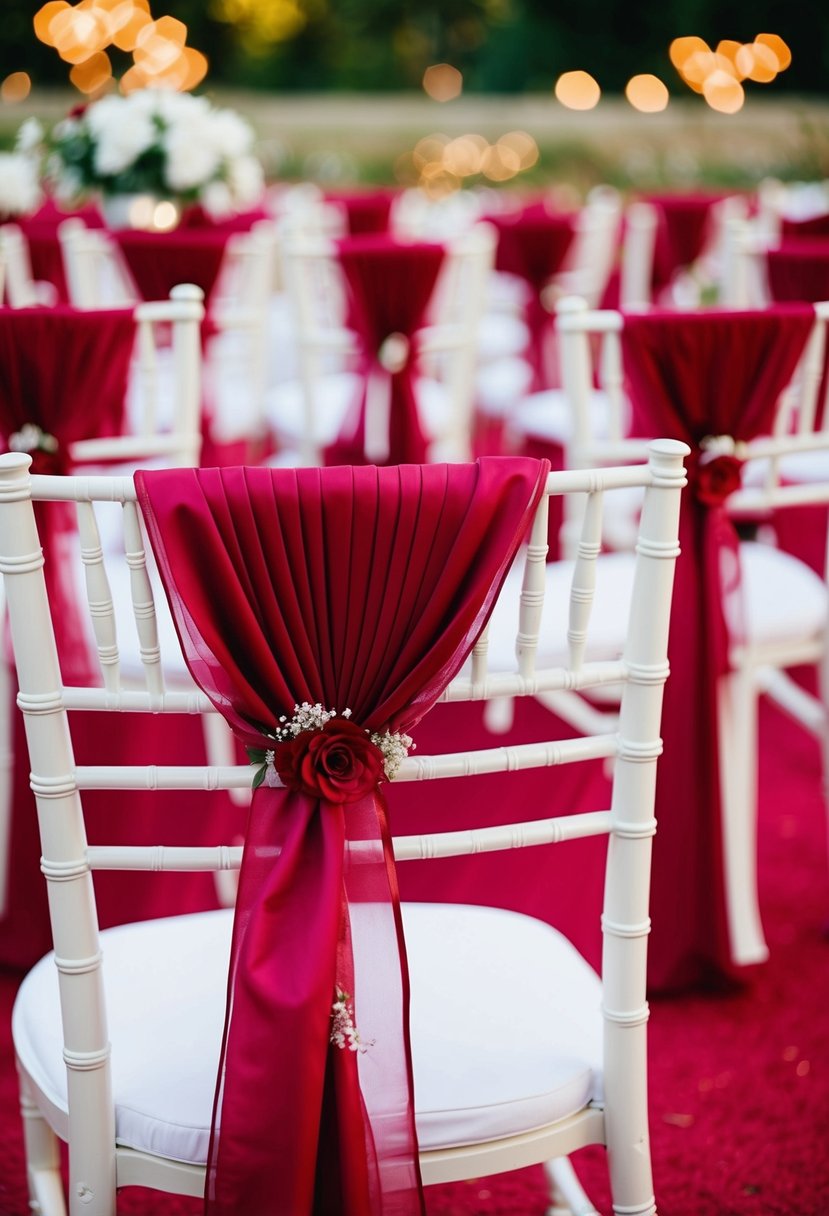 Wine-colored sashes adorn chairs at a romantic red-themed wedding