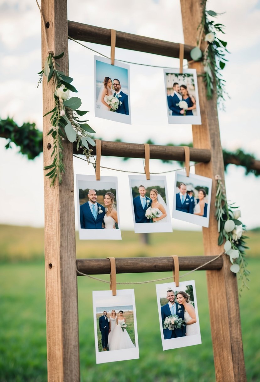 A rustic ladder adorned with hanging wedding photos