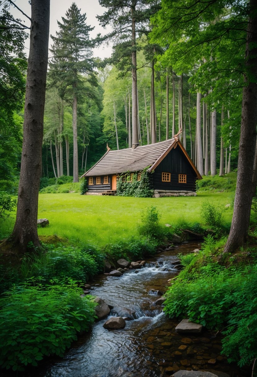 A lush forest clearing with a wooden viking longhouse adorned with greenery, surrounded by towering trees and a tranquil stream