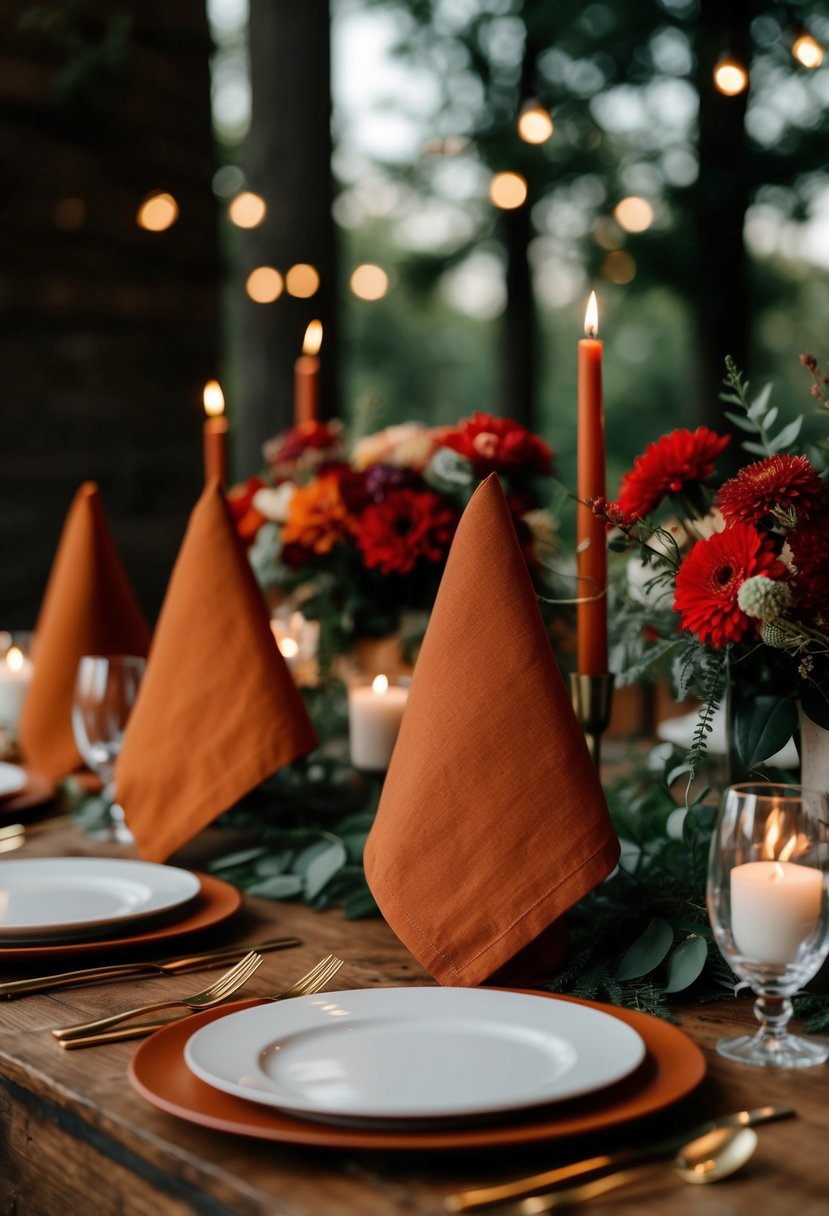 Rust-colored napkins arranged on a table with red floral centerpieces and candles