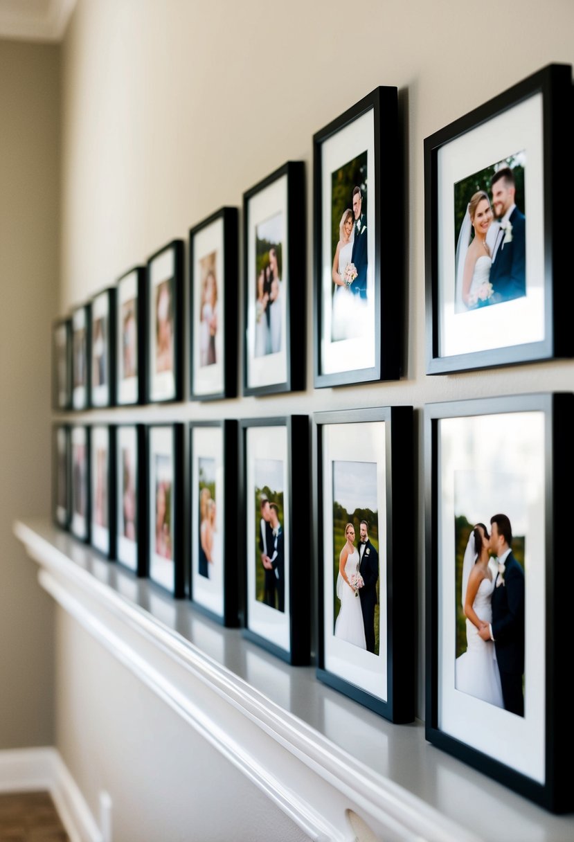 A photo ledge displays a row of wedding photos, each in a different frame, against a neutral wall with soft lighting