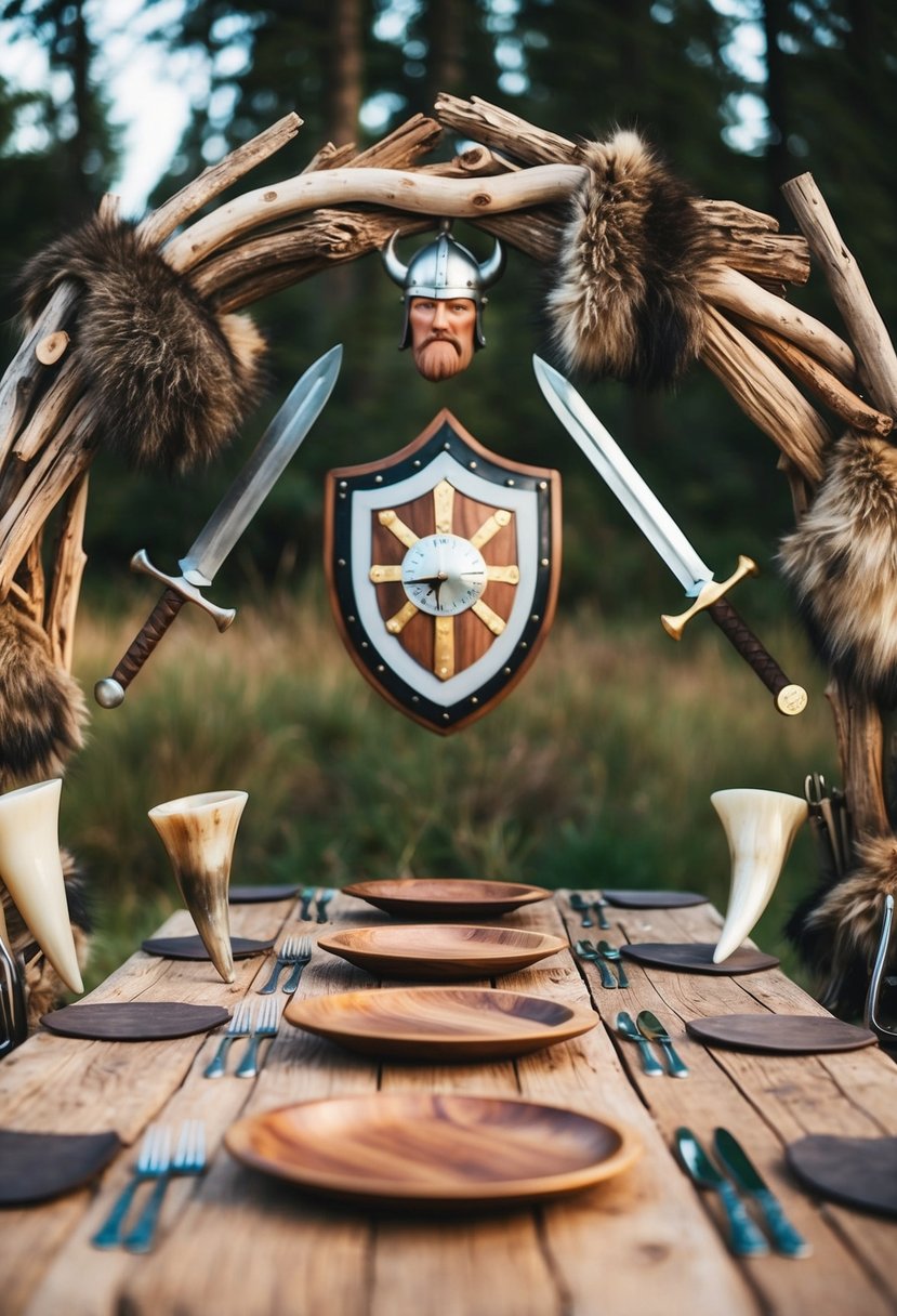 Driftwood arch adorned with viking shields, swords, and fur pelts. Rustic table settings with wooden plates and horn cups