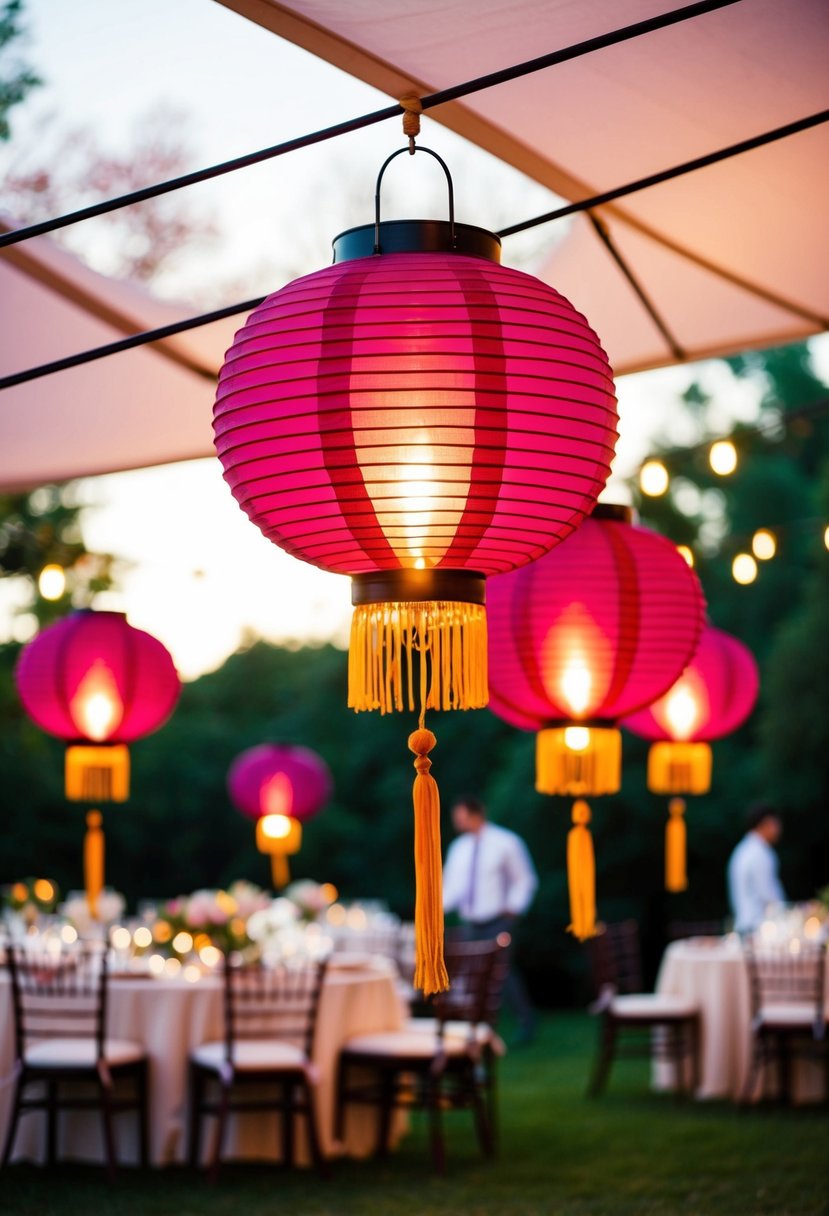 Maroon lanterns hang from a canopy, casting a warm glow over a romantic outdoor wedding reception