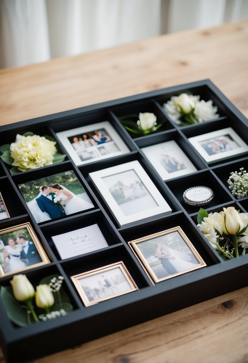 A shadow box filled with wedding memorabilia, including photos, flowers, and other keepsakes arranged in an elegant and sentimental display