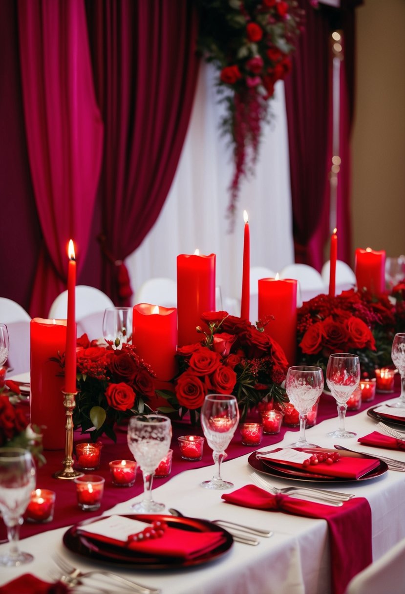 A table adorned with red-themed wedding favors, from crimson candles to scarlet flower arrangements, all set against a backdrop of burgundy drapery and ruby-hued accents