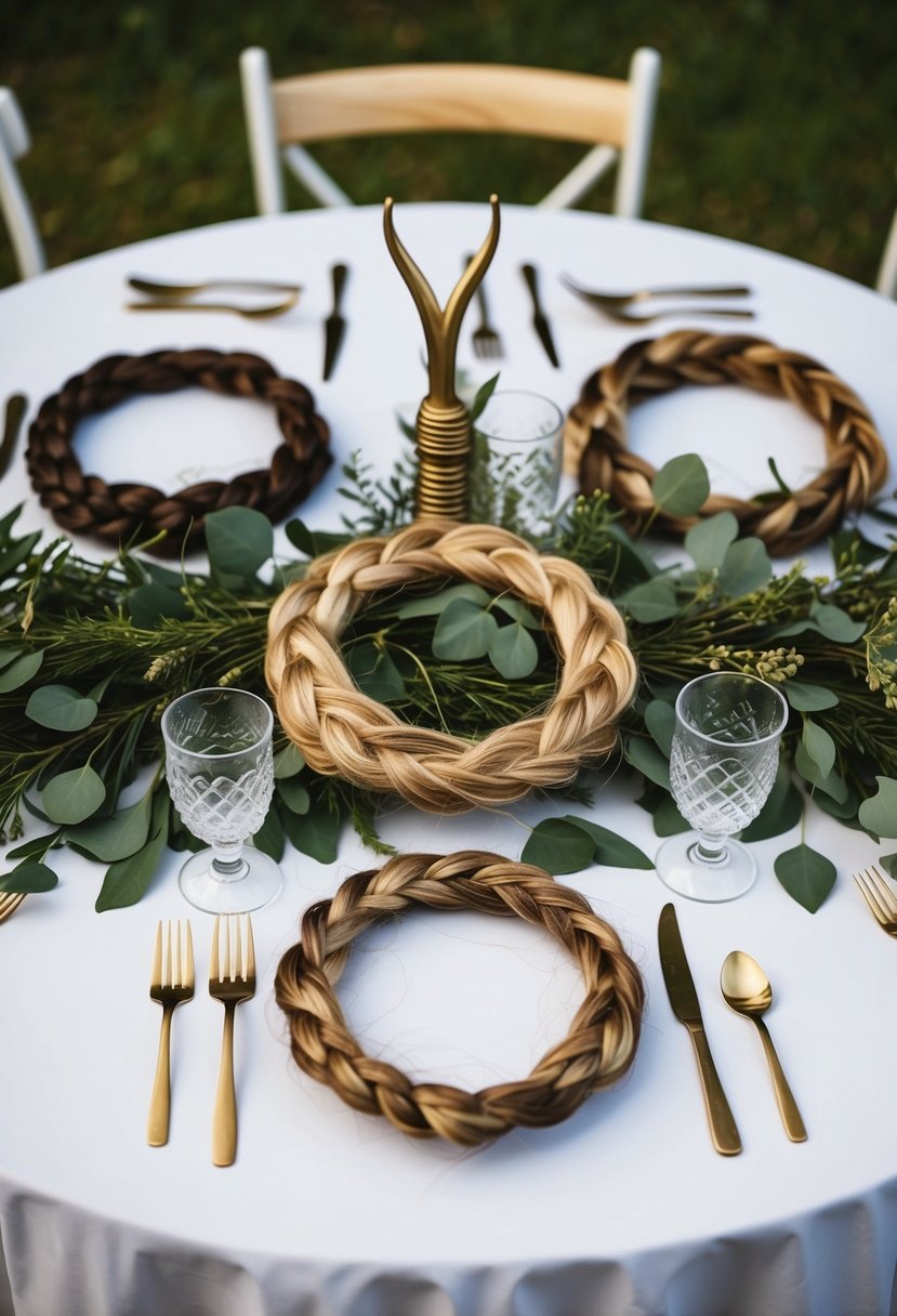 A table adorned with braided wreath hairpieces, surrounded by Viking wedding decor and greenery