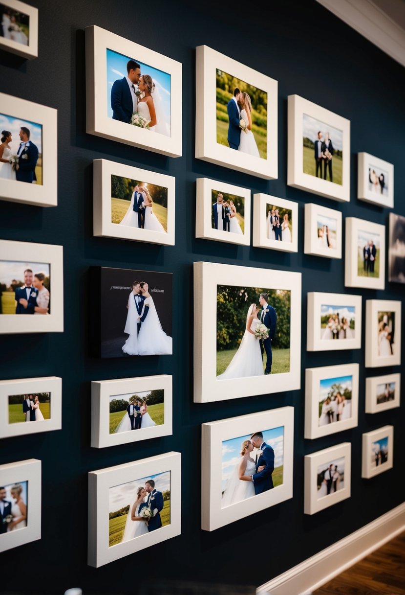 A gallery wall with various sizes of canvas prints of wedding photos arranged in a visually appealing layout