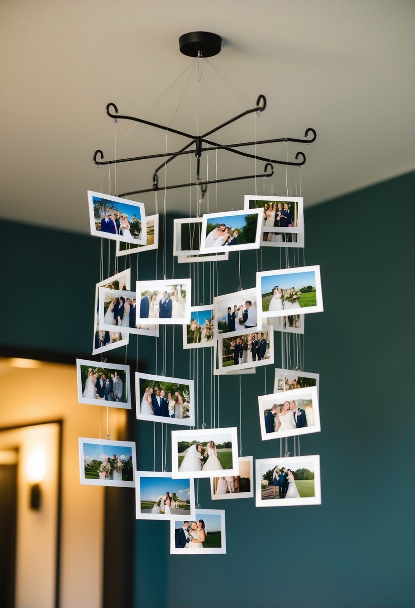 A photo mobile hangs from the ceiling, displaying wedding photos in a cascading arrangement