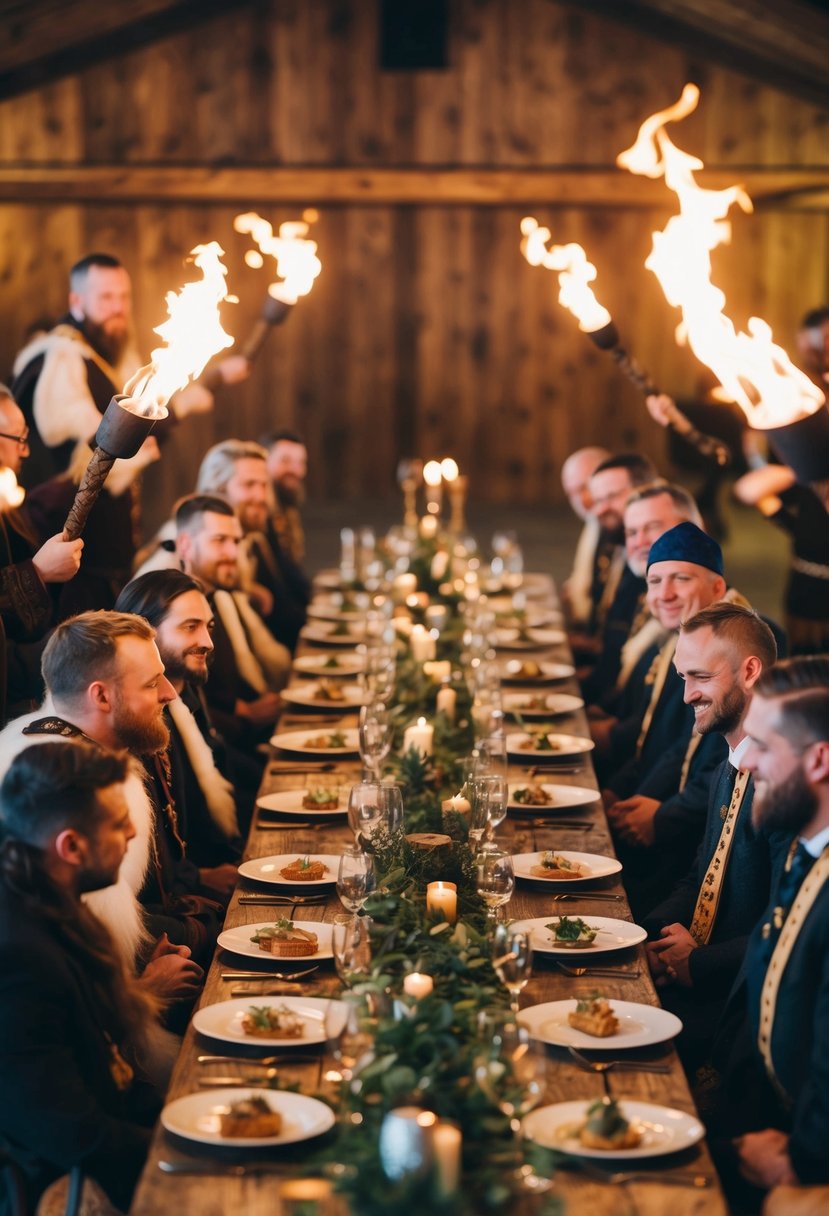 A Viking wedding feast with guests in traditional attire, surrounded by long wooden tables and flickering torches