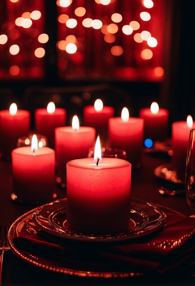 A dimly lit room with flickering light red candles creating a romantic and intimate ambiance for a red-themed wedding