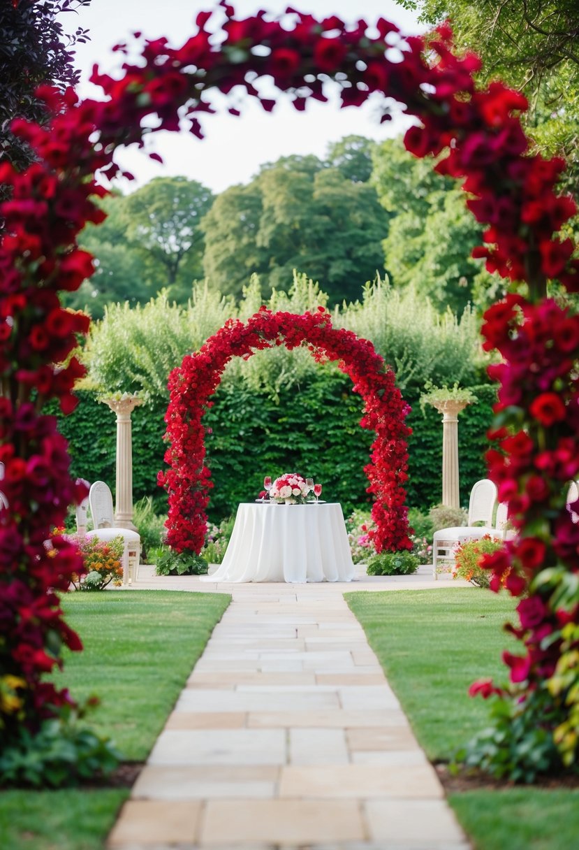 A lush garden with scarlet floral arches framing a romantic wedding setting